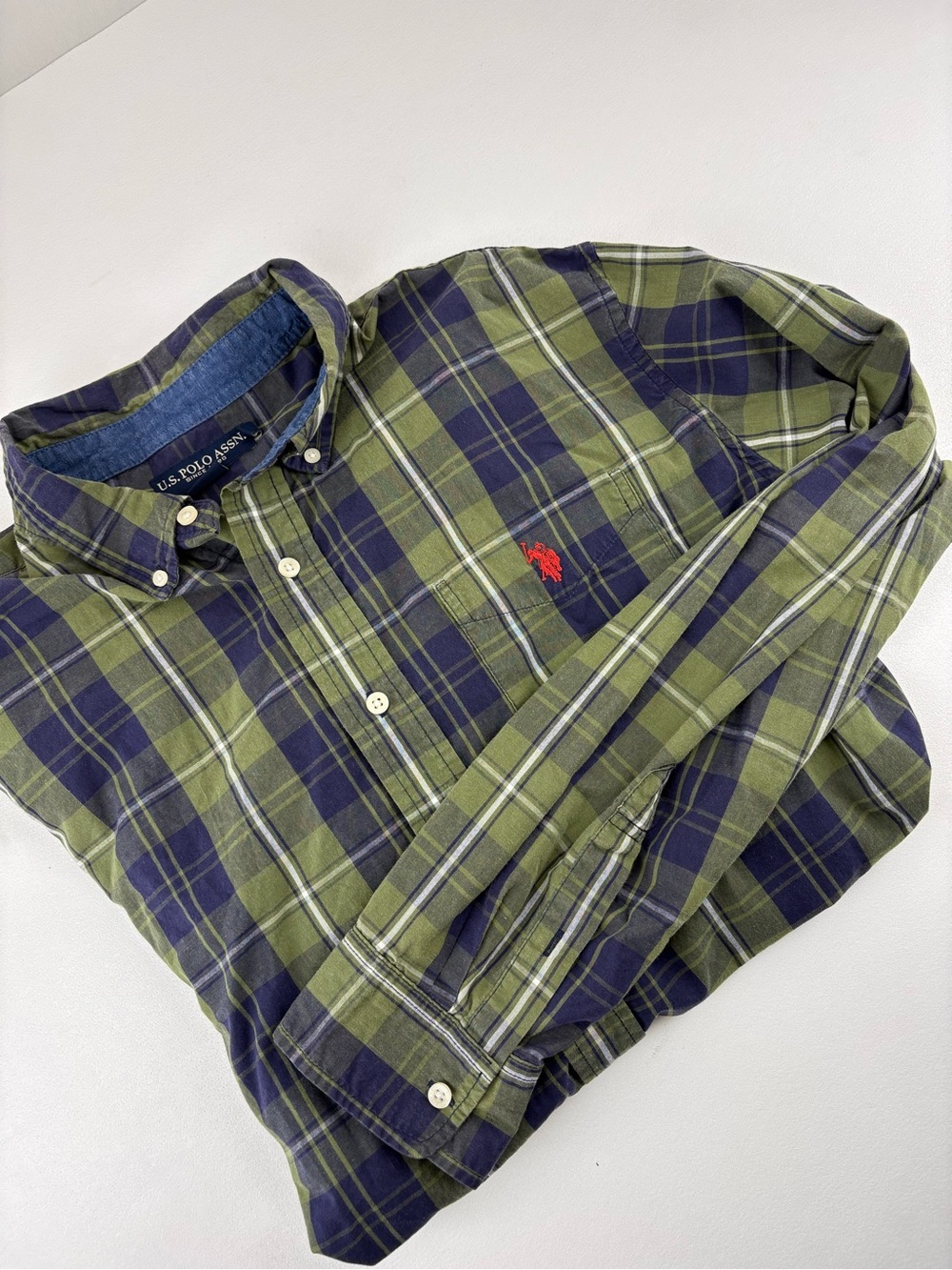 U.S. Polo Assn. Men's Green & Navy Plaid Button-Down Shirt XLT tall shirt